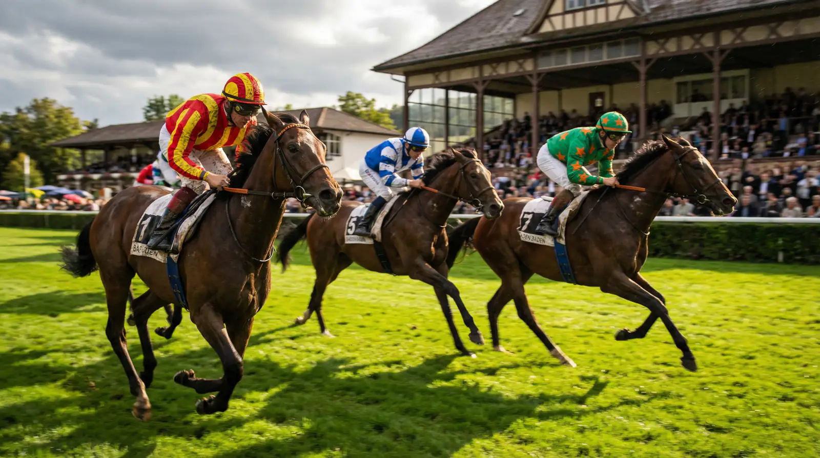 Galopprennen auf deutschem Turf mit Pferden und Jockeys im Rennen