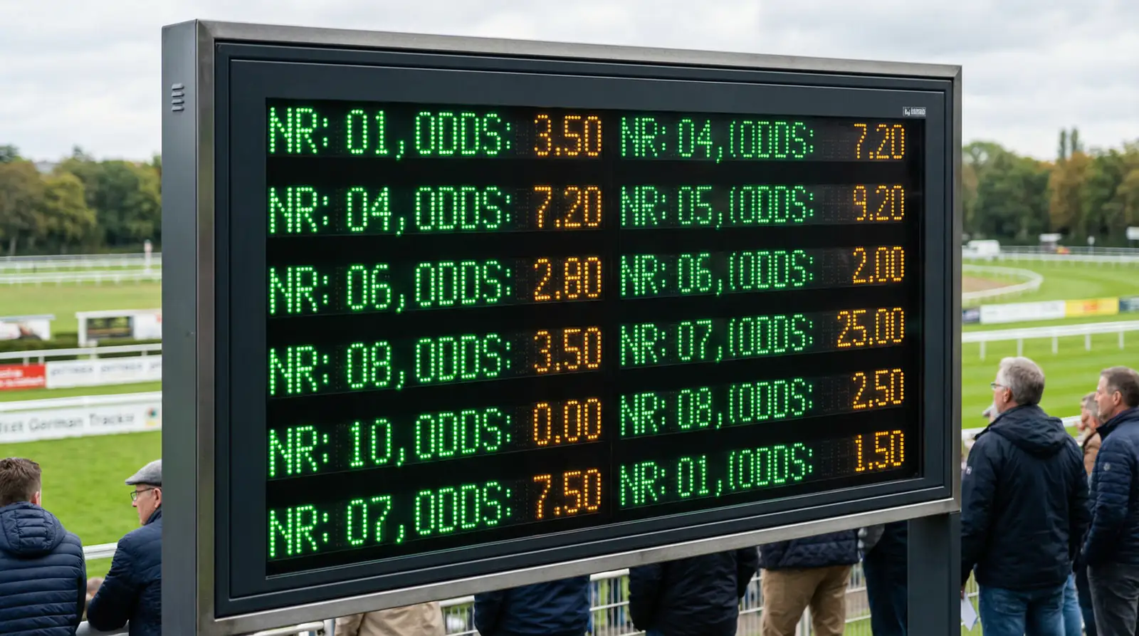 Digitale Quotentafel am Totalisator auf einer deutschen Galopprennbahn
